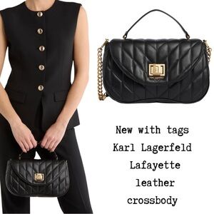 NWT Women KARL LAGERFELD Lafayette leather Quilted black crossbody Satchel bag
